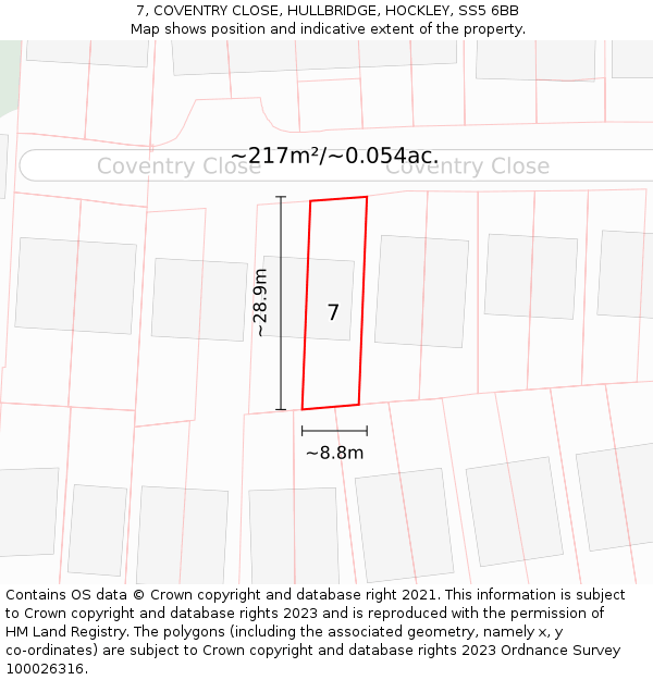 7, COVENTRY CLOSE, HULLBRIDGE, HOCKLEY, SS5 6BB: Plot and title map