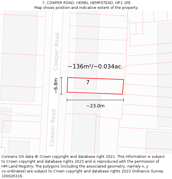 7, COWPER ROAD, HEMEL HEMPSTEAD, HP1 1PE: Plot and title map