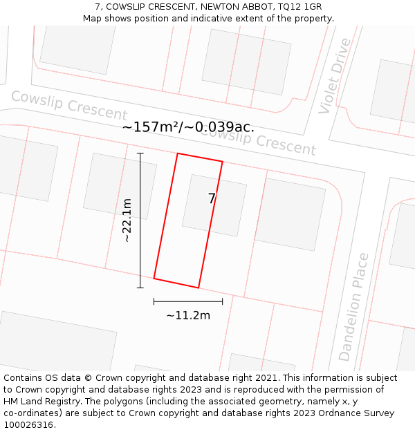 7, COWSLIP CRESCENT, NEWTON ABBOT, TQ12 1GR: Plot and title map