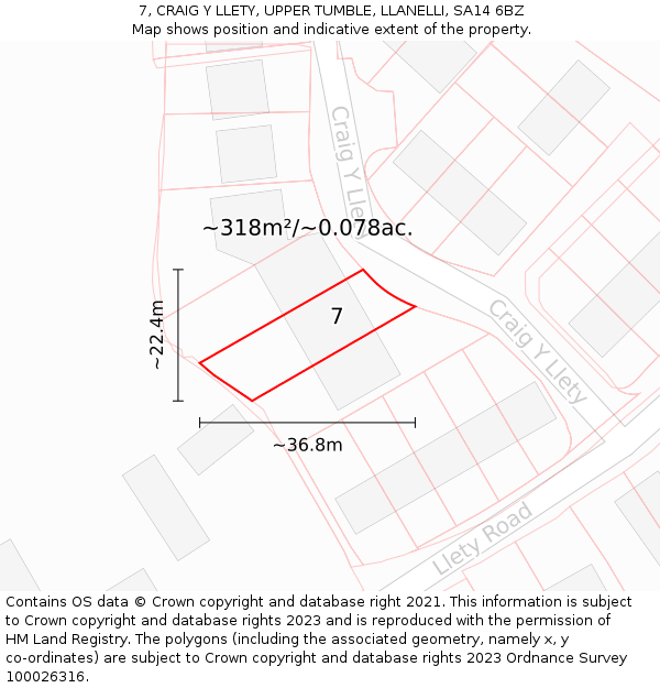 7, CRAIG Y LLETY, UPPER TUMBLE, LLANELLI, SA14 6BZ: Plot and title map