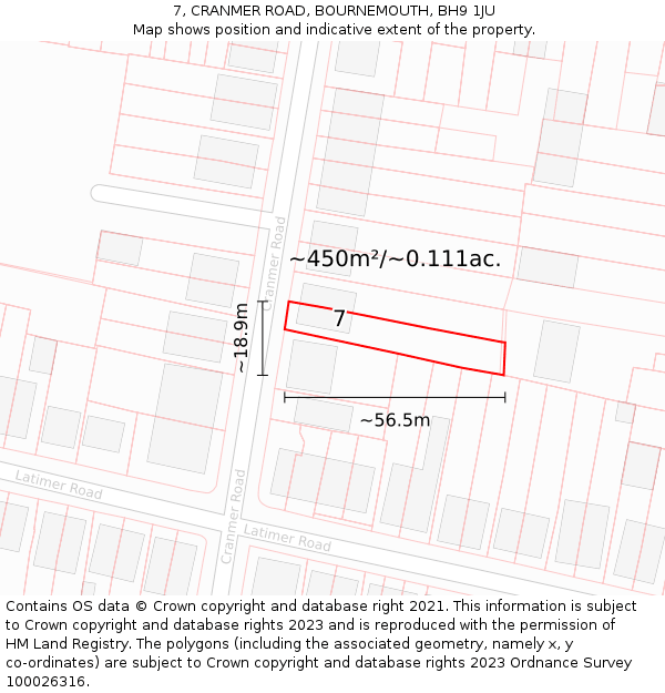 7, CRANMER ROAD, BOURNEMOUTH, BH9 1JU: Plot and title map