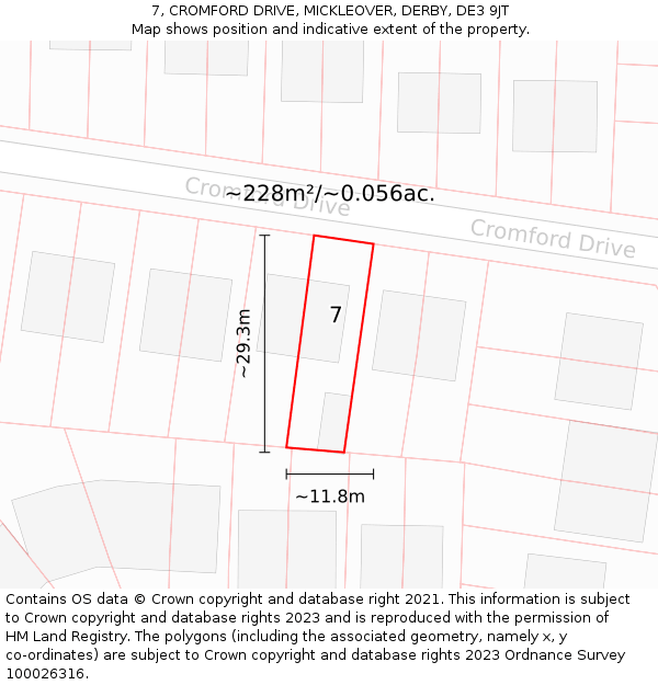 7, CROMFORD DRIVE, MICKLEOVER, DERBY, DE3 9JT: Plot and title map