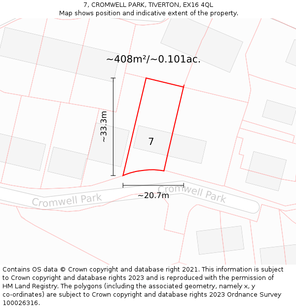 7, CROMWELL PARK, TIVERTON, EX16 4QL: Plot and title map