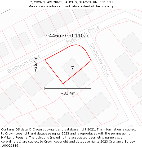 7, CRONSHAW DRIVE, LANGHO, BLACKBURN, BB6 8EU: Plot and title map