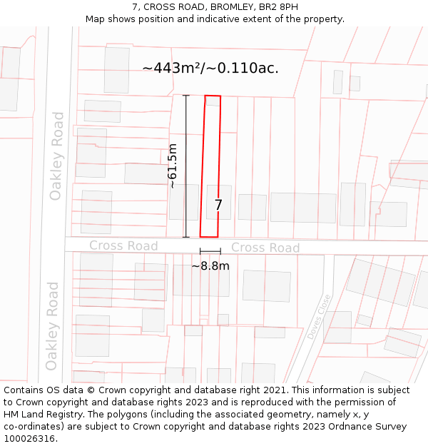 7, CROSS ROAD, BROMLEY, BR2 8PH: Plot and title map