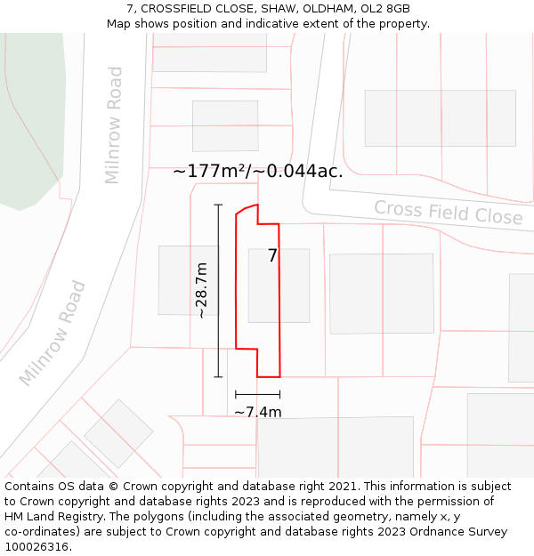 7, CROSSFIELD CLOSE, SHAW, OLDHAM, OL2 8GB: Plot and title map