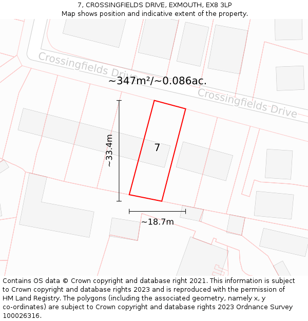 7, CROSSINGFIELDS DRIVE, EXMOUTH, EX8 3LP: Plot and title map