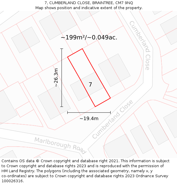 7, CUMBERLAND CLOSE, BRAINTREE, CM7 9NQ: Plot and title map