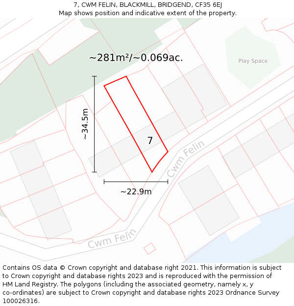 7, CWM FELIN, BLACKMILL, BRIDGEND, CF35 6EJ: Plot and title map