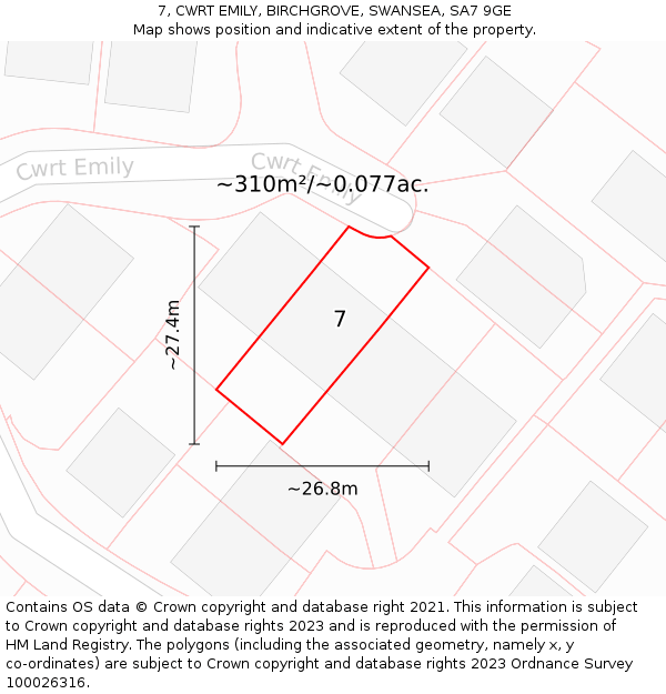 7, CWRT EMILY, BIRCHGROVE, SWANSEA, SA7 9GE: Plot and title map