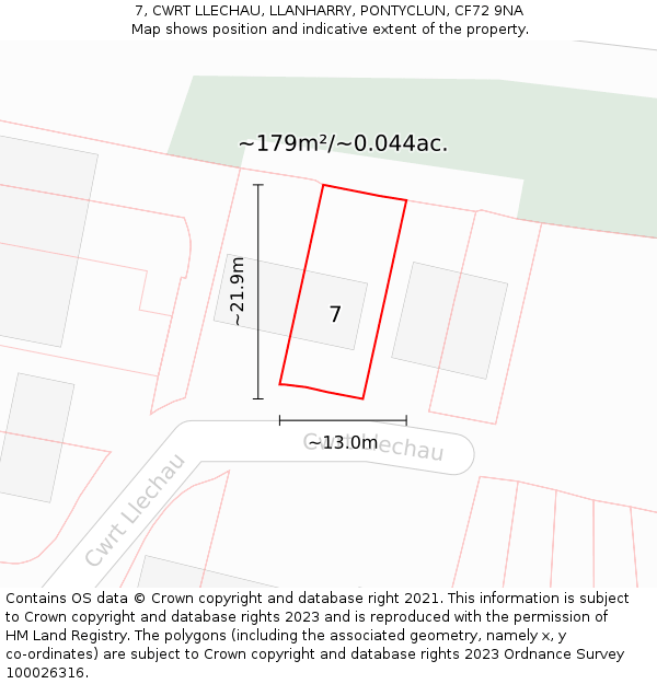 7, CWRT LLECHAU, LLANHARRY, PONTYCLUN, CF72 9NA: Plot and title map