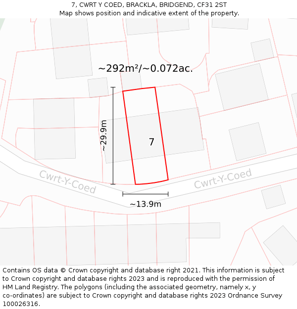 7, CWRT Y COED, BRACKLA, BRIDGEND, CF31 2ST: Plot and title map