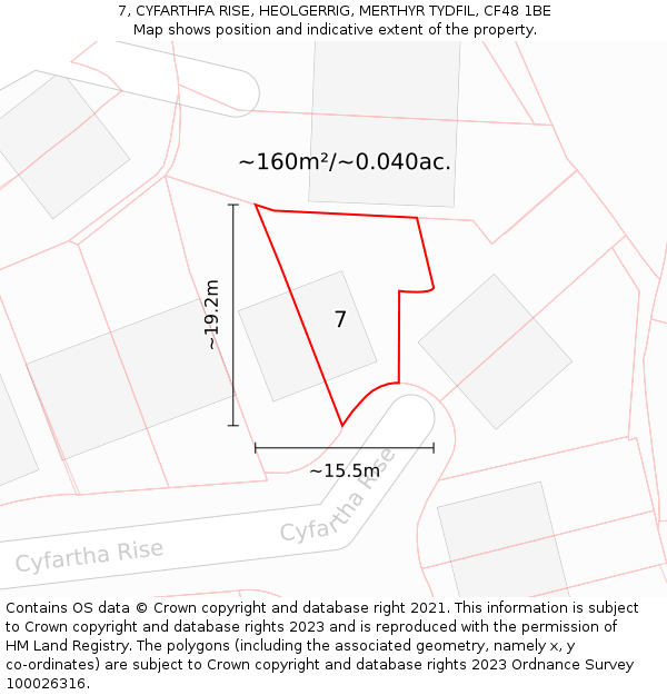 7, CYFARTHFA RISE, HEOLGERRIG, MERTHYR TYDFIL, CF48 1BE: Plot and title map