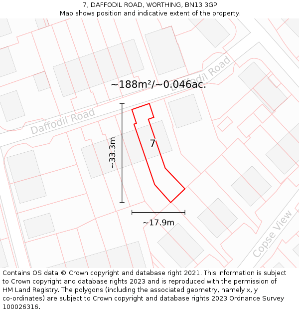 7, DAFFODIL ROAD, WORTHING, BN13 3GP: Plot and title map