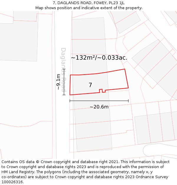 7, DAGLANDS ROAD, FOWEY, PL23 1JL: Plot and title map