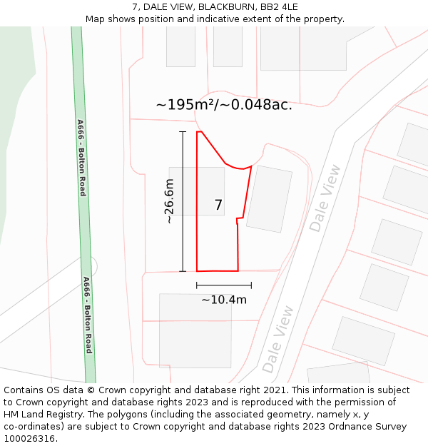 7, DALE VIEW, BLACKBURN, BB2 4LE: Plot and title map