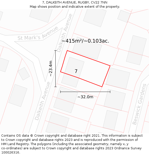 7, DALKEITH AVENUE, RUGBY, CV22 7NN: Plot and title map