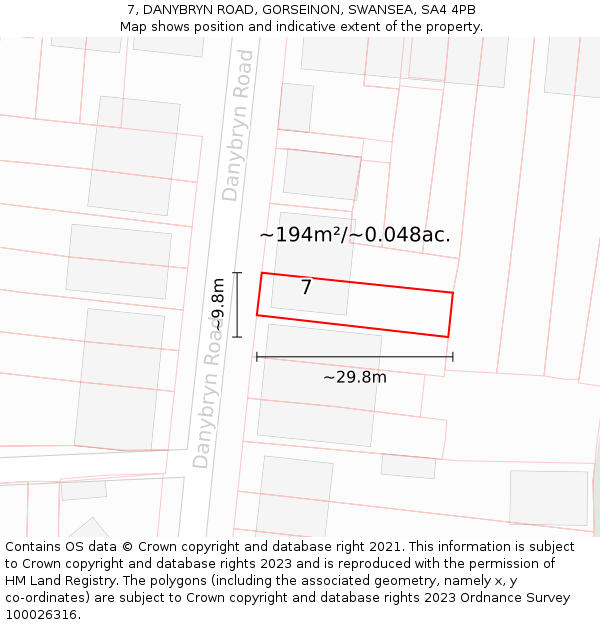 7, DANYBRYN ROAD, GORSEINON, SWANSEA, SA4 4PB: Plot and title map