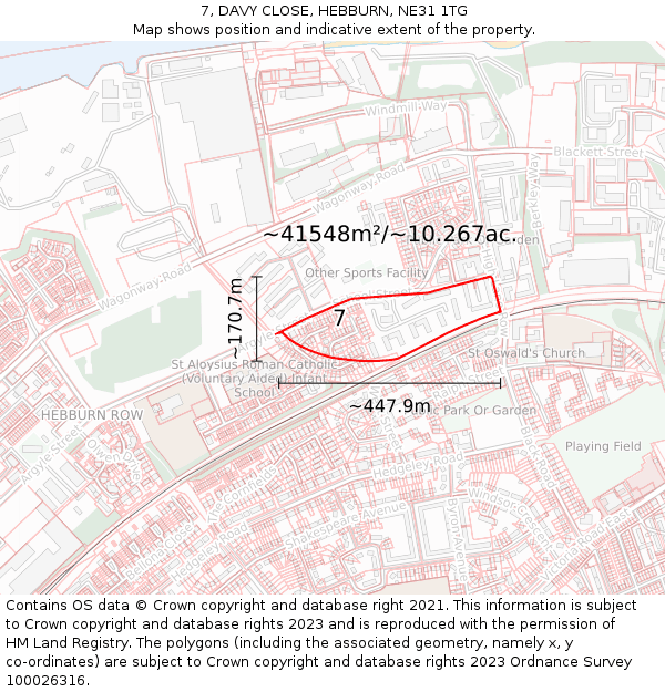 7, DAVY CLOSE, HEBBURN, NE31 1TG: Plot and title map