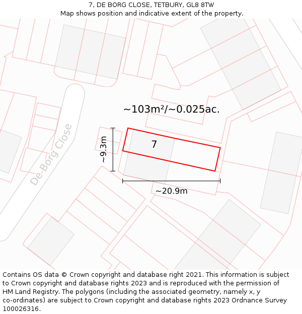 7, DE BORG CLOSE, TETBURY, GL8 8TW: Plot and title map