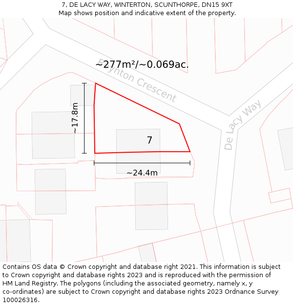7, DE LACY WAY, WINTERTON, SCUNTHORPE, DN15 9XT: Plot and title map