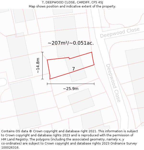 7, DEEPWOOD CLOSE, CARDIFF, CF5 4SJ: Plot and title map