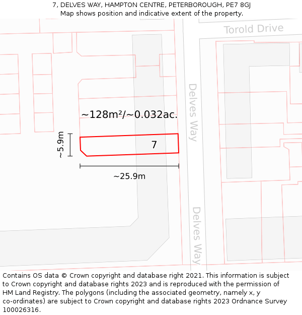 7, DELVES WAY, HAMPTON CENTRE, PETERBOROUGH, PE7 8GJ: Plot and title map