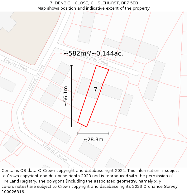 7, DENBIGH CLOSE, CHISLEHURST, BR7 5EB: Plot and title map