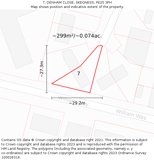7, DENHAM CLOSE, SKEGNESS, PE25 3PH: Plot and title map