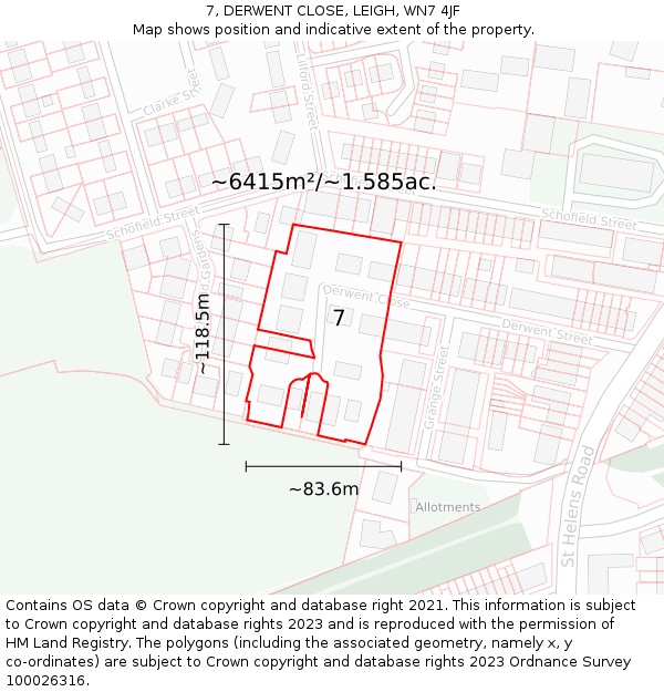 7, DERWENT CLOSE, LEIGH, WN7 4JF: Plot and title map