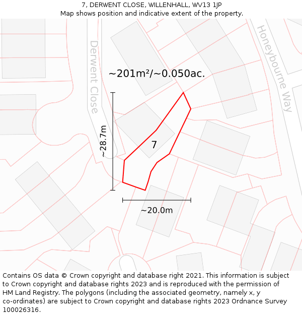 7, DERWENT CLOSE, WILLENHALL, WV13 1JP: Plot and title map