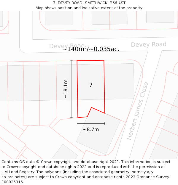 7, DEVEY ROAD, SMETHWICK, B66 4ST: Plot and title map