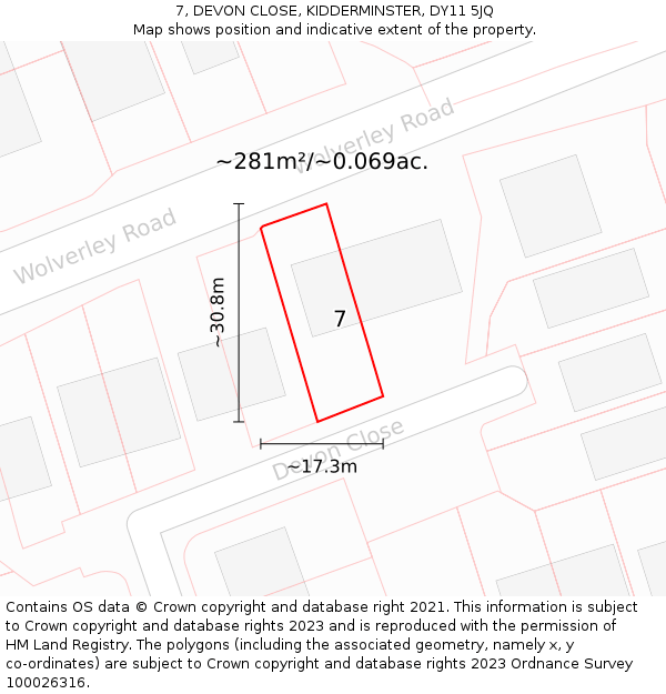 7, DEVON CLOSE, KIDDERMINSTER, DY11 5JQ: Plot and title map