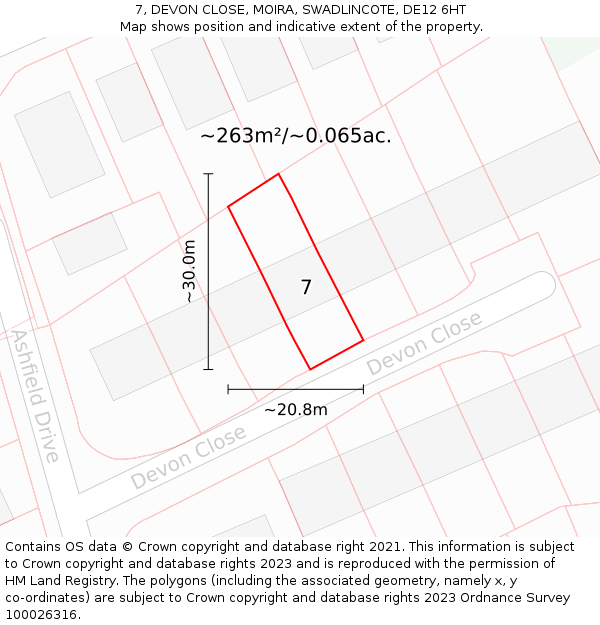 7, DEVON CLOSE, MOIRA, SWADLINCOTE, DE12 6HT: Plot and title map