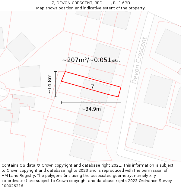 7, DEVON CRESCENT, REDHILL, RH1 6BB: Plot and title map