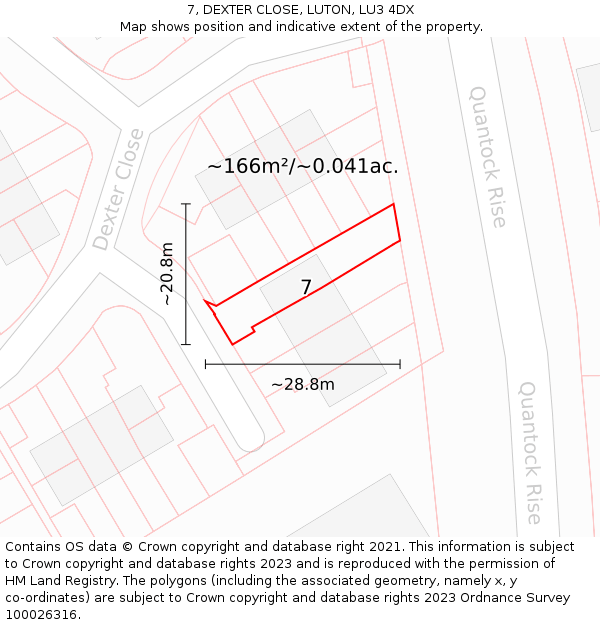 7, DEXTER CLOSE, LUTON, LU3 4DX: Plot and title map