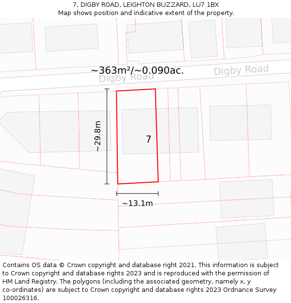7, DIGBY ROAD, LEIGHTON BUZZARD, LU7 1BX: Plot and title map