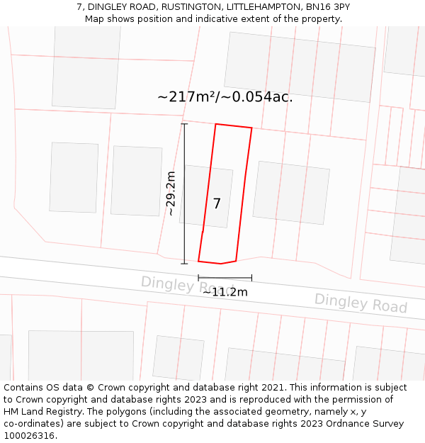 7, DINGLEY ROAD, RUSTINGTON, LITTLEHAMPTON, BN16 3PY: Plot and title map