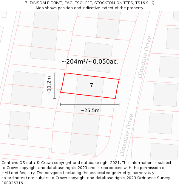 7, DINSDALE DRIVE, EAGLESCLIFFE, STOCKTON-ON-TEES, TS16 9HQ: Plot and title map