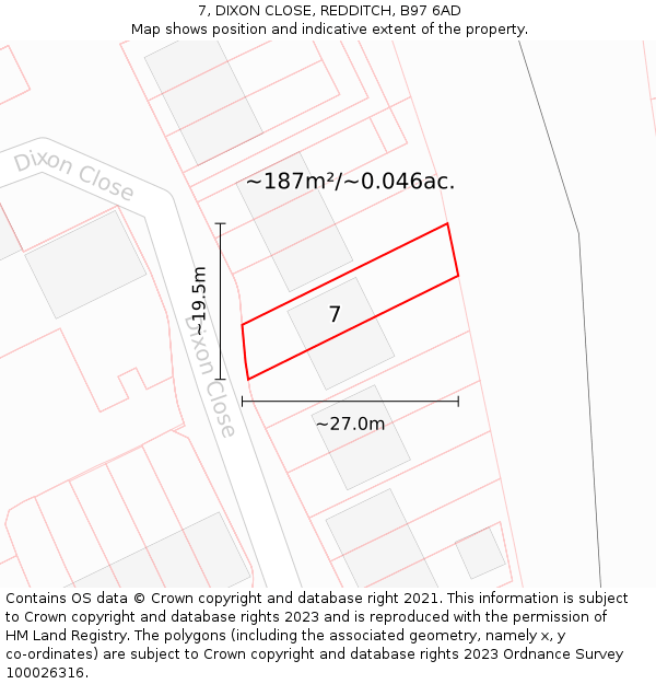 7, DIXON CLOSE, REDDITCH, B97 6AD: Plot and title map