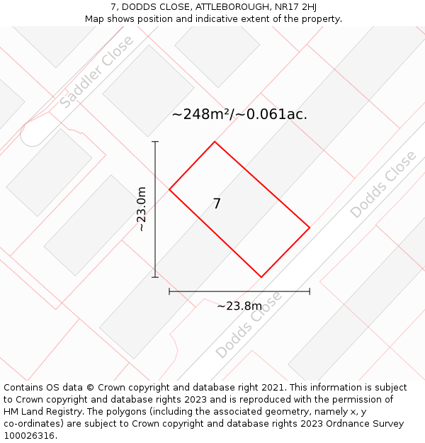 7, DODDS CLOSE, ATTLEBOROUGH, NR17 2HJ: Plot and title map