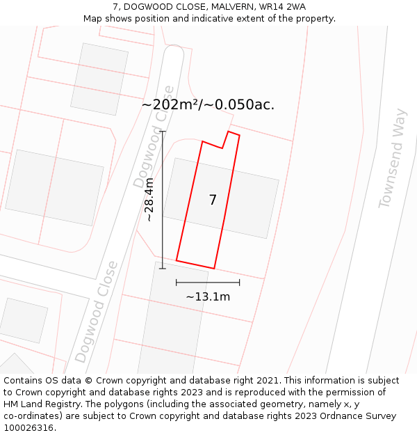 7, DOGWOOD CLOSE, MALVERN, WR14 2WA: Plot and title map