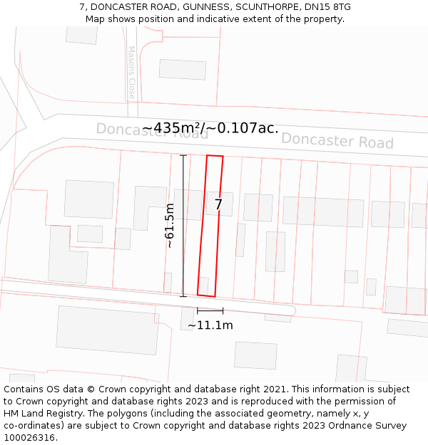 7, DONCASTER ROAD, GUNNESS, SCUNTHORPE, DN15 8TG: Plot and title map