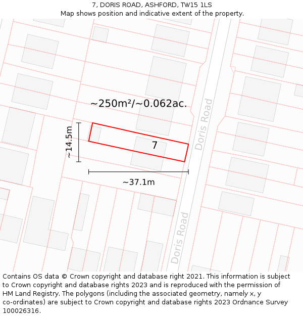 7, DORIS ROAD, ASHFORD, TW15 1LS: Plot and title map