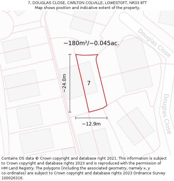 7, DOUGLAS CLOSE, CARLTON COLVILLE, LOWESTOFT, NR33 8TT: Plot and title map