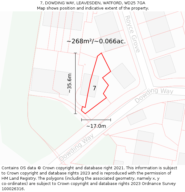 7, DOWDING WAY, LEAVESDEN, WATFORD, WD25 7GA: Plot and title map