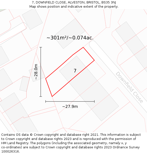 7, DOWNFIELD CLOSE, ALVESTON, BRISTOL, BS35 3NJ: Plot and title map