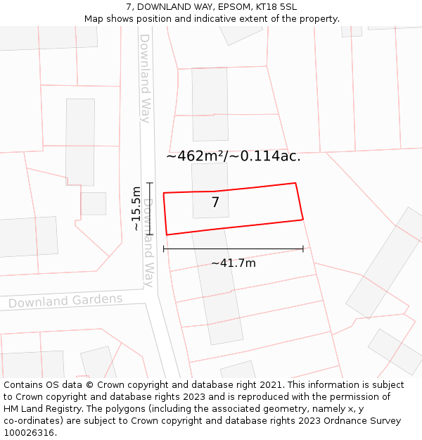7, DOWNLAND WAY, EPSOM, KT18 5SL: Plot and title map