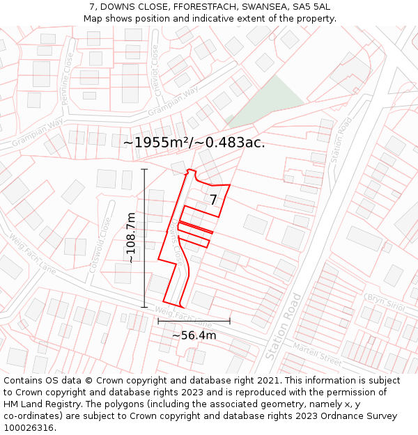 7, DOWNS CLOSE, FFORESTFACH, SWANSEA, SA5 5AL: Plot and title map