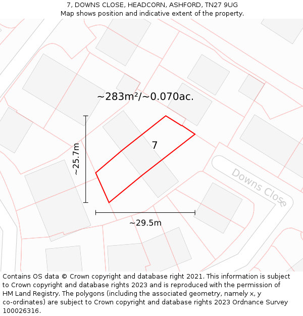 7, DOWNS CLOSE, HEADCORN, ASHFORD, TN27 9UG: Plot and title map